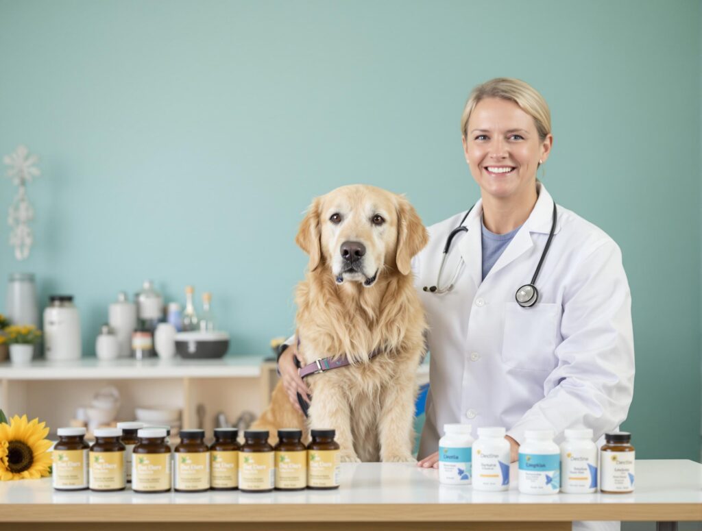 Senior golden retriever with veterinarian and pet supplements in a professional veterinary setting.