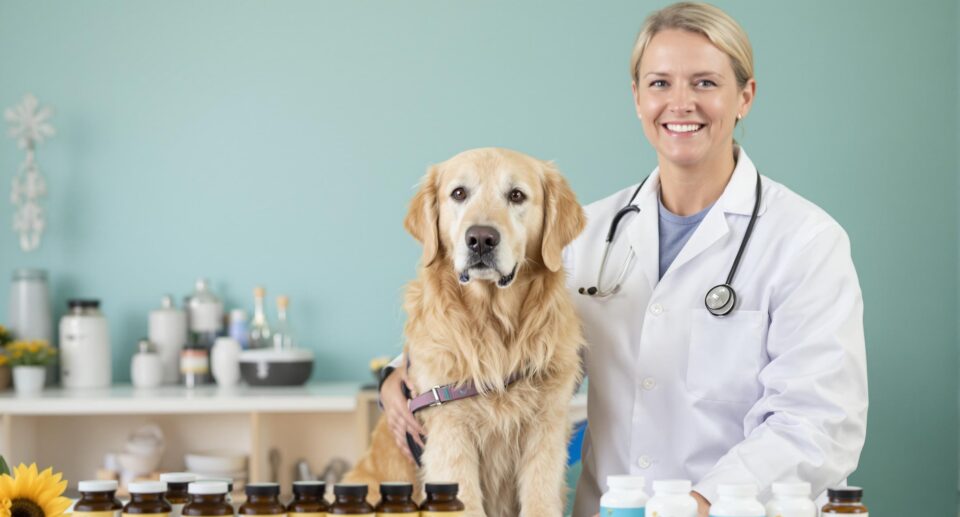 Senior golden retriever with veterinarian and pet supplements in a professional veterinary setting.