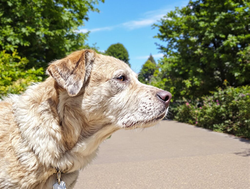 A senior mixed-breed dog with a white muzzle walks along a sunlit park path, symbolizing the grace of aging companionship.