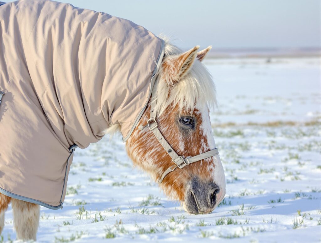 Elderly horse in a winter blanket grazing in a serene snow-covered pasture, emphasizing winter care tips for senior horses.