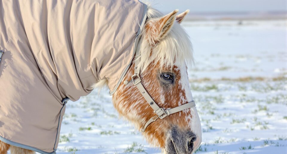 Elderly horse in a winter blanket grazing in a serene snow-covered pasture, emphasizing winter care tips for senior horses.
