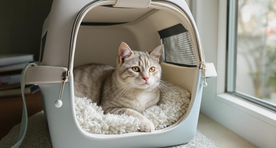 A relaxed domestic cat in a plush-lined pet carrier by a sunlit window, conveying comfort and security.