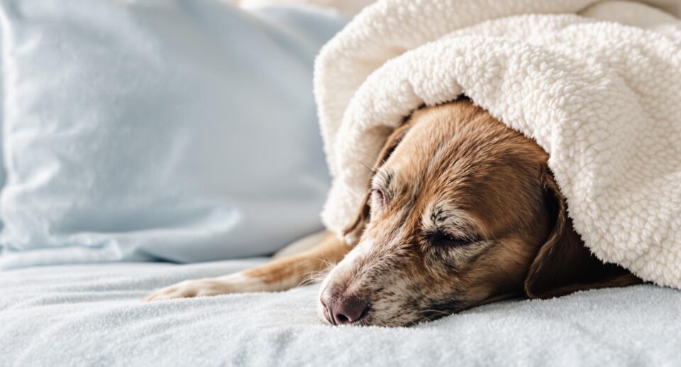 A serene, relaxed dog rests on a plush powder blue bed with an ivory blanket, highlighting a calm and soothing atmosphere.