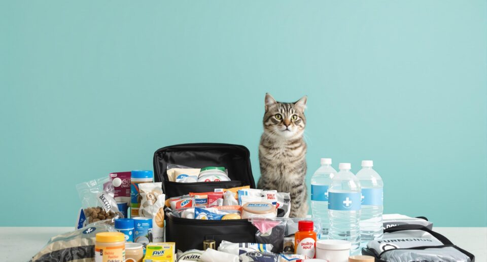 A calm person organizes an emergency kit with a cat nearby, showcasing emergency preparedness essentials.