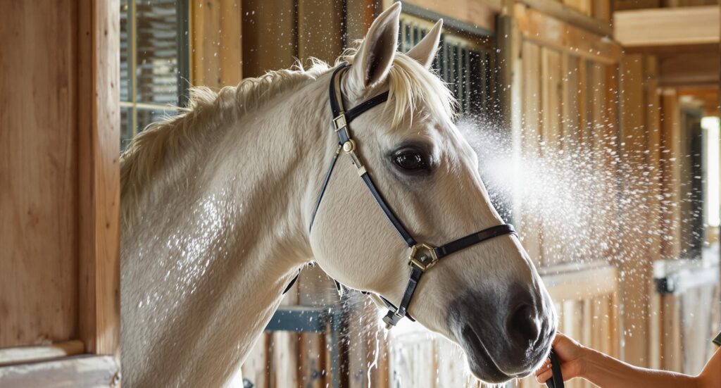 A calm horse being gently sprayed with water by a stable handler in a warm, luminous stable setting.