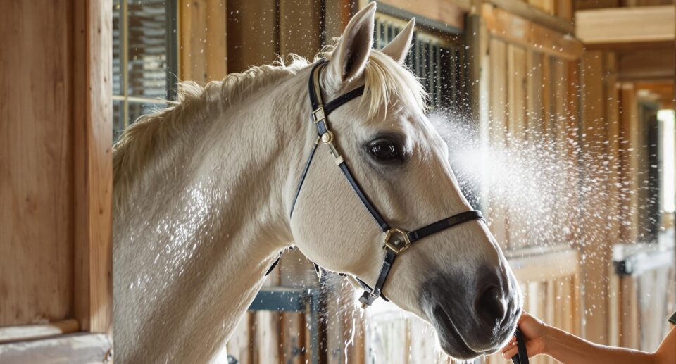 A calm horse being gently sprayed with water by a stable handler in a warm, luminous stable setting.