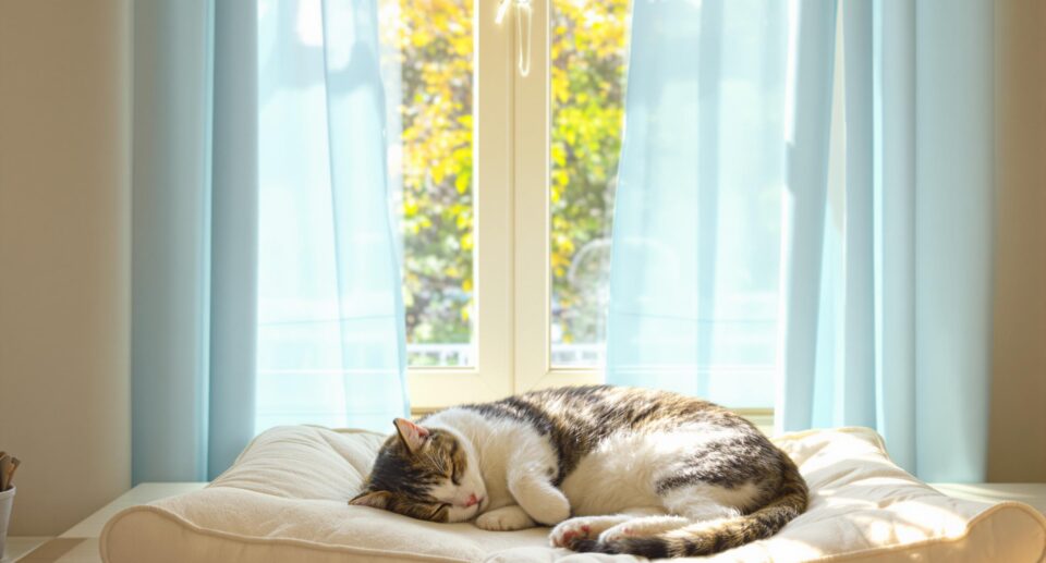 A serene domestic cat sleeping in a cozy ivory bed with sunlight streaming through a window, highlighting comfort and tranquility.