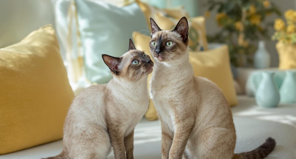 Two playful Siamese cats in a cozy living room, showcasing point coloration and dynamic interaction.