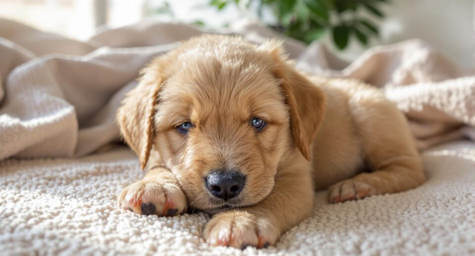 A small, weary-looking puppy lying curled up on a plush bed, in soft afternoon light, with gentle shadows and hints of gentle green in the blurred background.