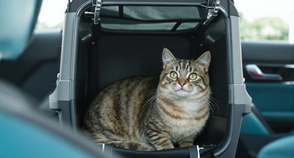 Serene cat with inquisitive gaze in a car carrier, highlighting signs of potential illness.