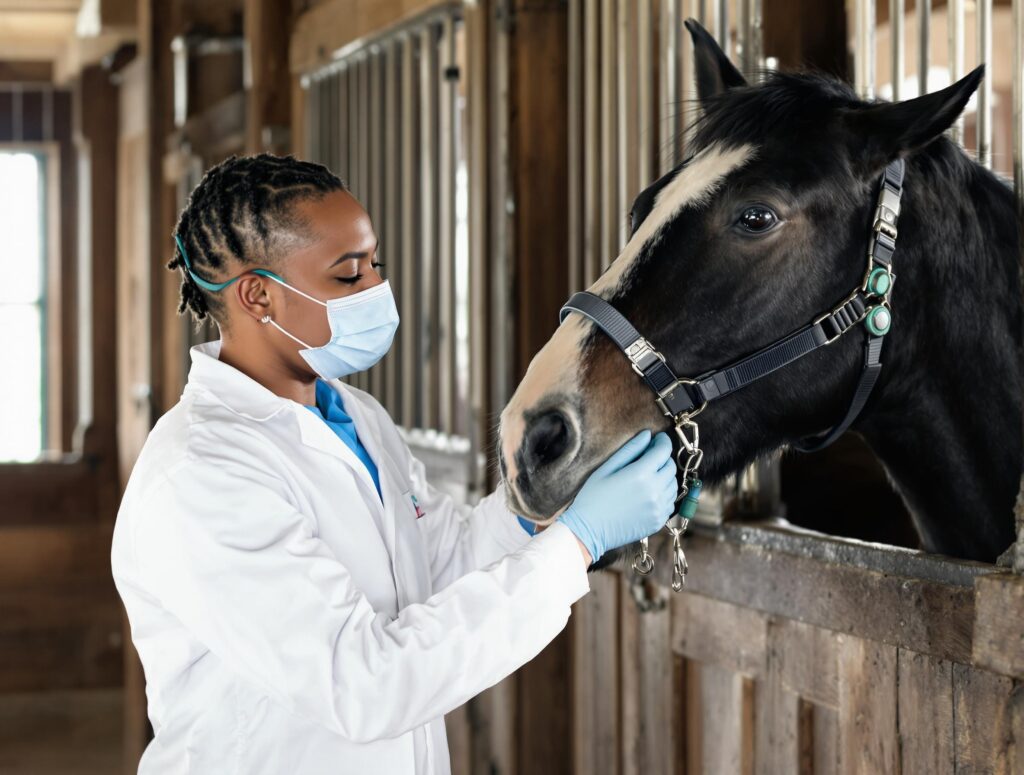 A skilled veterinarian examines a horse's teeth in a rustic stable, emphasizing professional care and expertise.