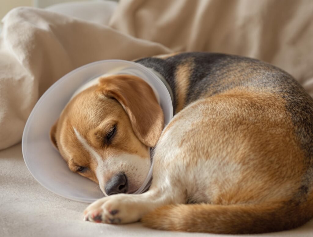 A beagle with a collar on sleeps on a bed after a surgery
