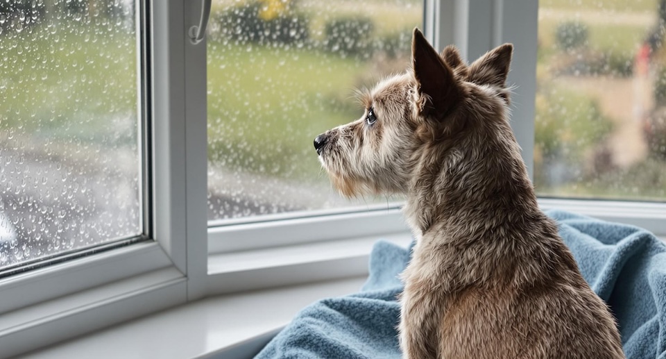 A small terrier dog indoors, stares out a rainy window.