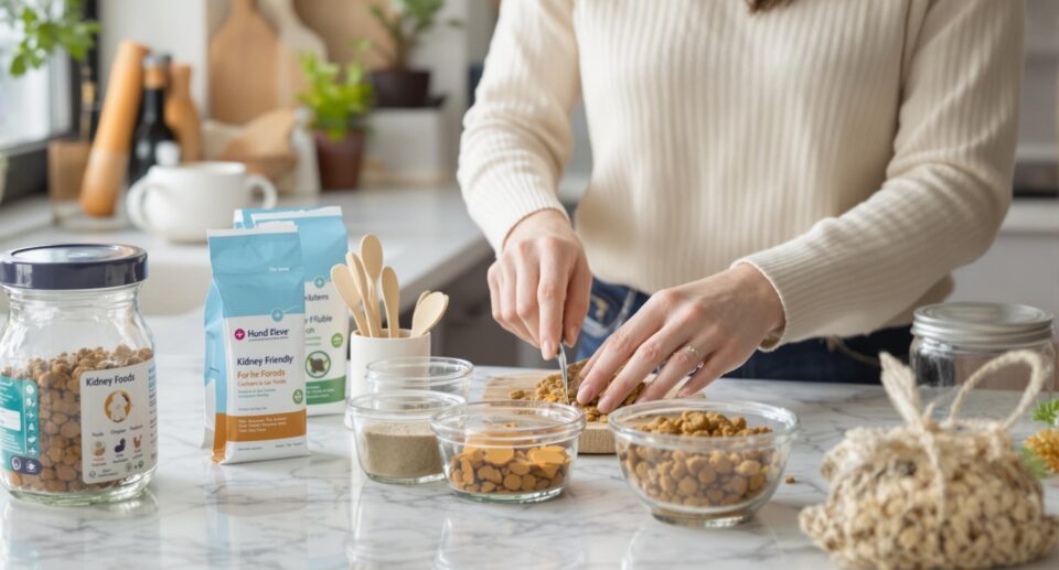 Compassionate pet owner preparing specialized kidney-friendly meal for dogs in a warm kitchen scene.
