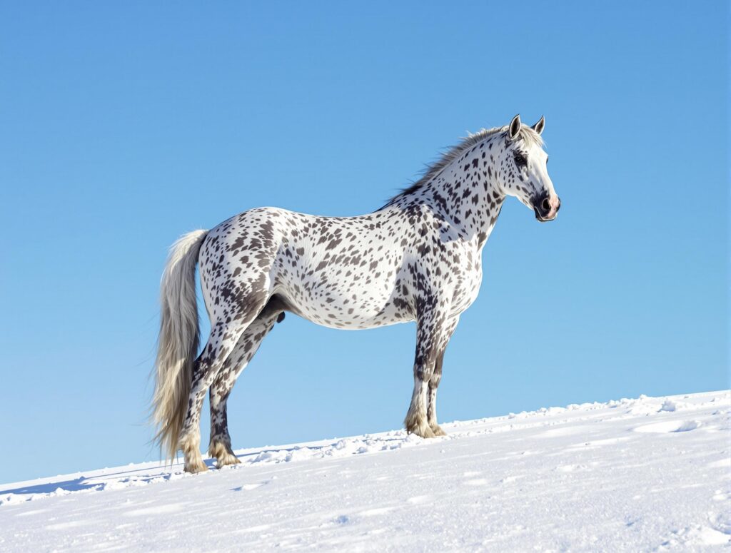 a spotted black and white horse on a snowy hill