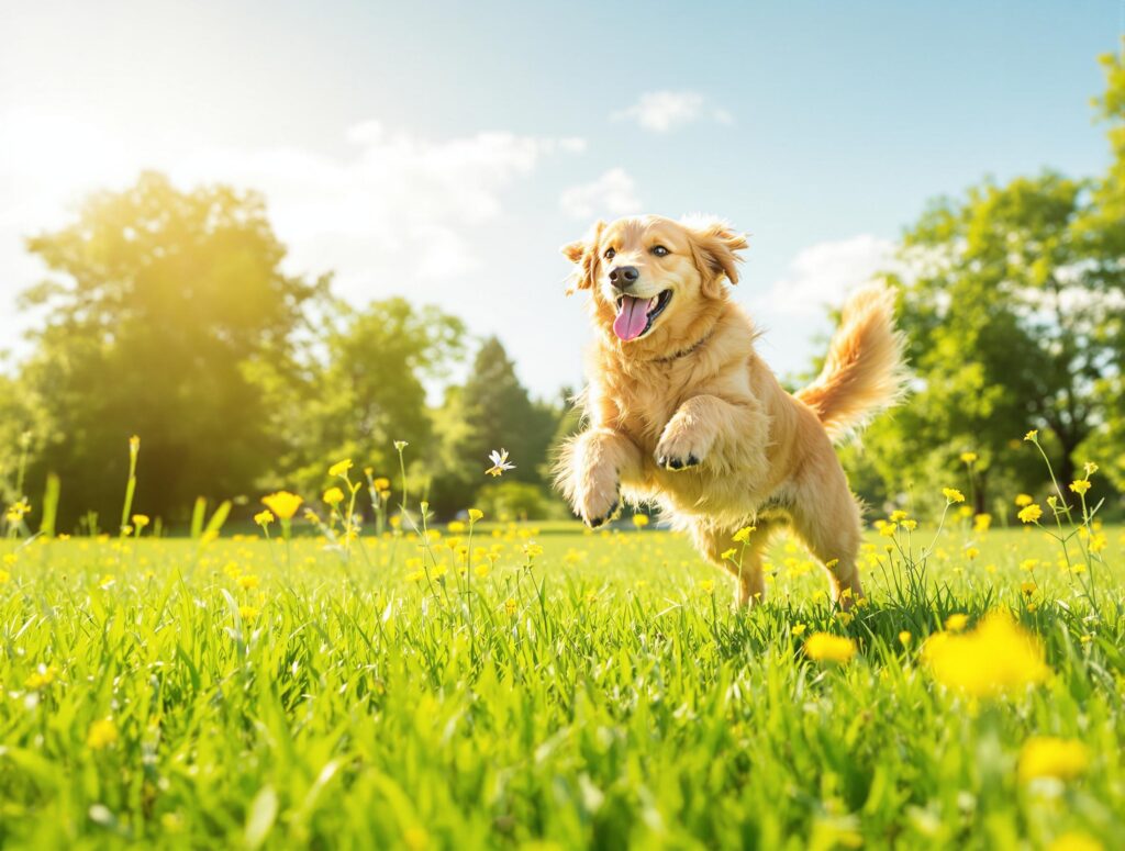 Golden retriever leaping joyfully in a sunlit park, illustrating a spring checklist for dog health and happiness.