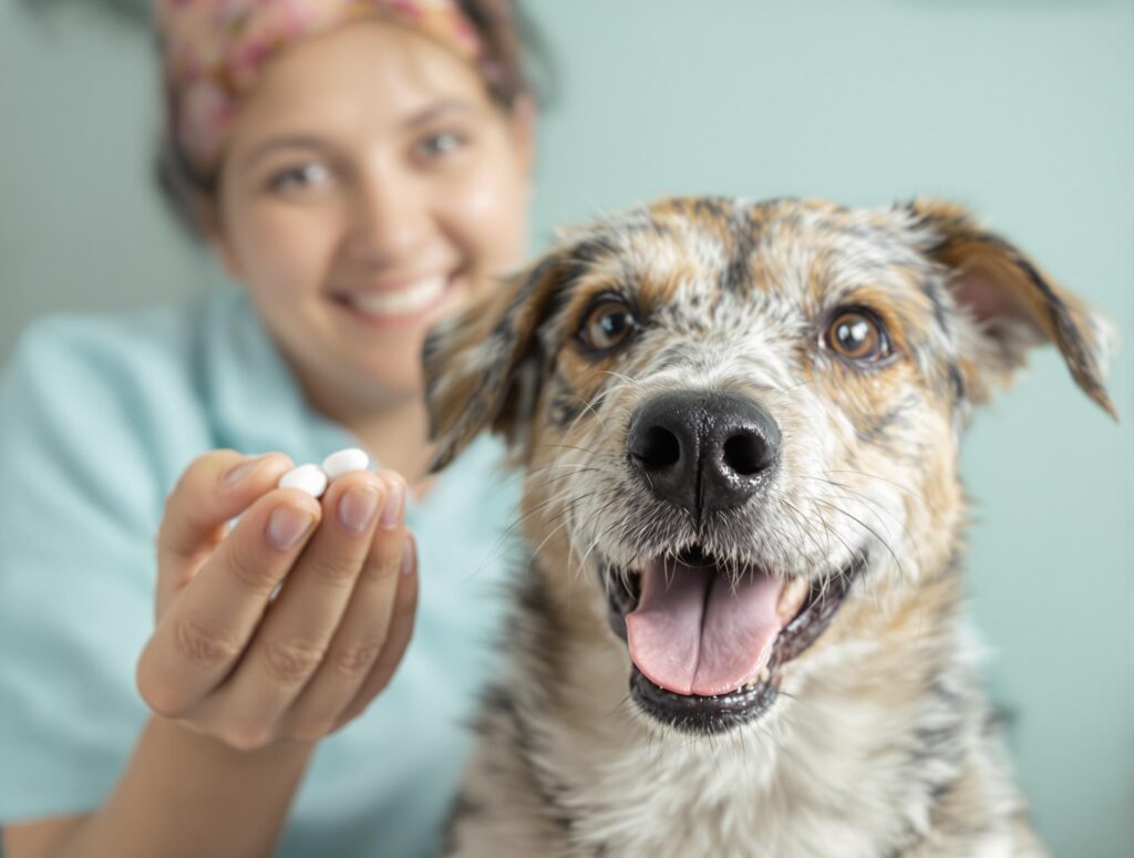 Close-up of a friendly medium-sized terrier with a smiling owner holding flea prevention tablets, emphasizing spring flea and tick control for dogs.