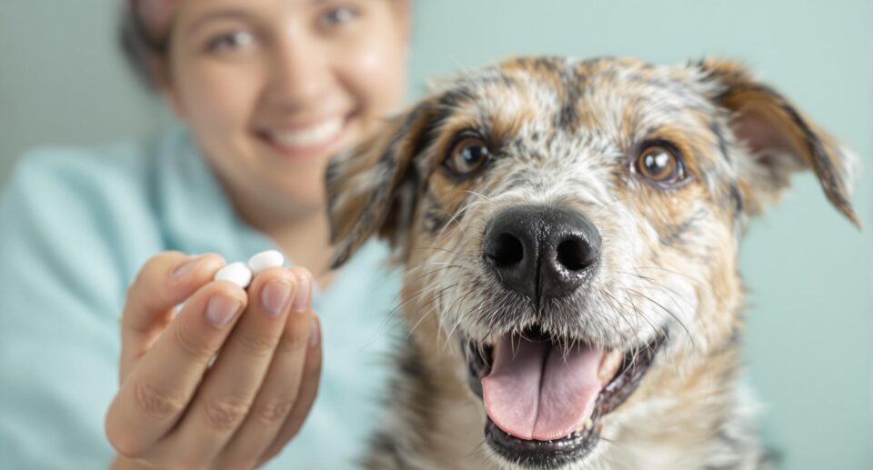 Close-up of a friendly medium-sized terrier with a smiling owner holding flea prevention tablets, emphasizing spring flea and tick control for dogs.