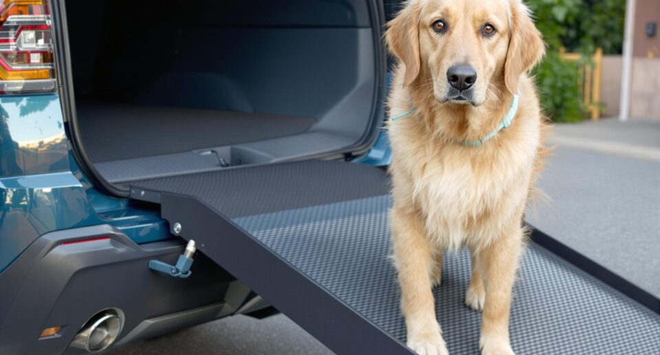 Golden Retriever using a blue ramp to enter an SUV, highlighting accessibility for arthritic dogs.