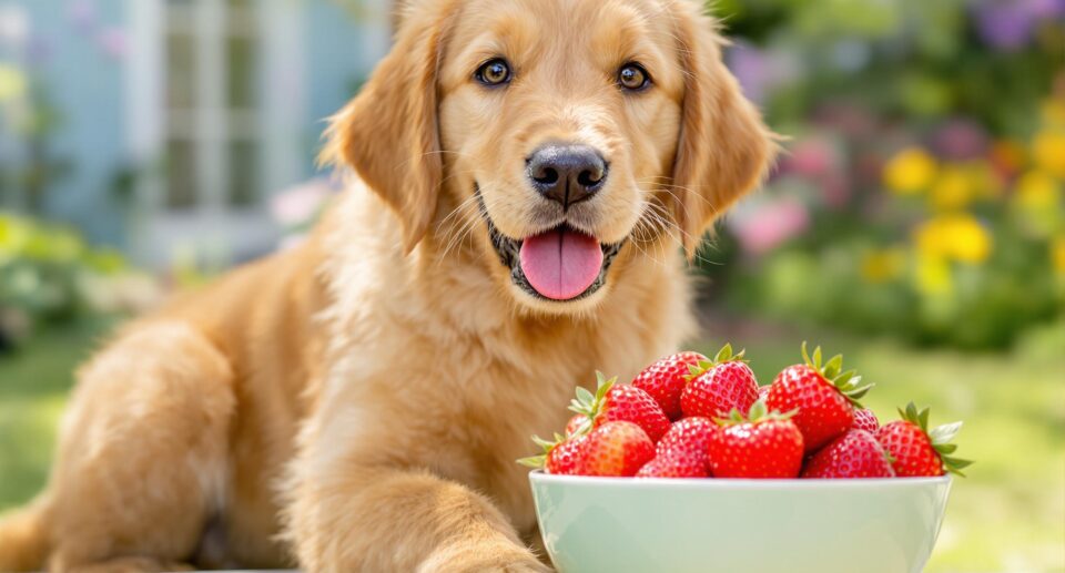 Golden retriever puppy in garden with bowl of strawberries, illustrating if strawberries are safe for dogs.