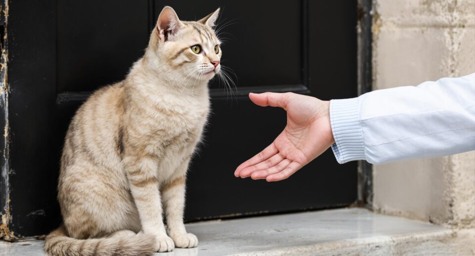 A friendly stray cat on a doorstep, interacting with a gentle human hand, illustrating trust and connection.