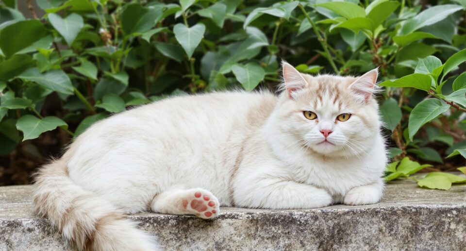 A serene community cat lounges on a stone surface in an urban garden, surrounded by lush plants, emphasizing tranquility.