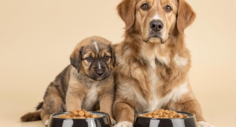 A young puppy and adult dog with contrasting breeds sitting together with distinct food bowls, highlighting the transition from puppy food to adult dog food.