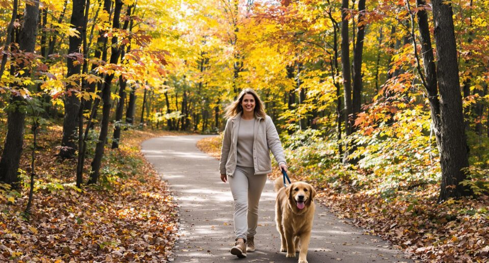 a woman and her golden retriever take a walk