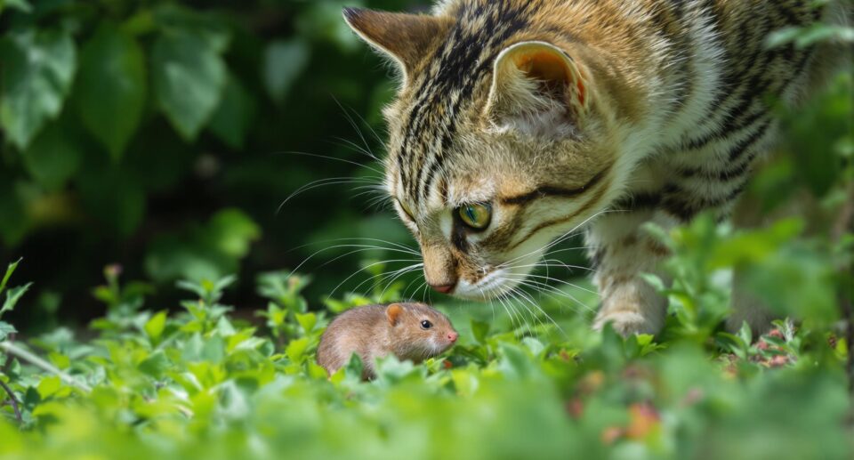 A curious domestic cat investigates a small rodent in a lush garden, related to tapeworm dewormer for cats.
