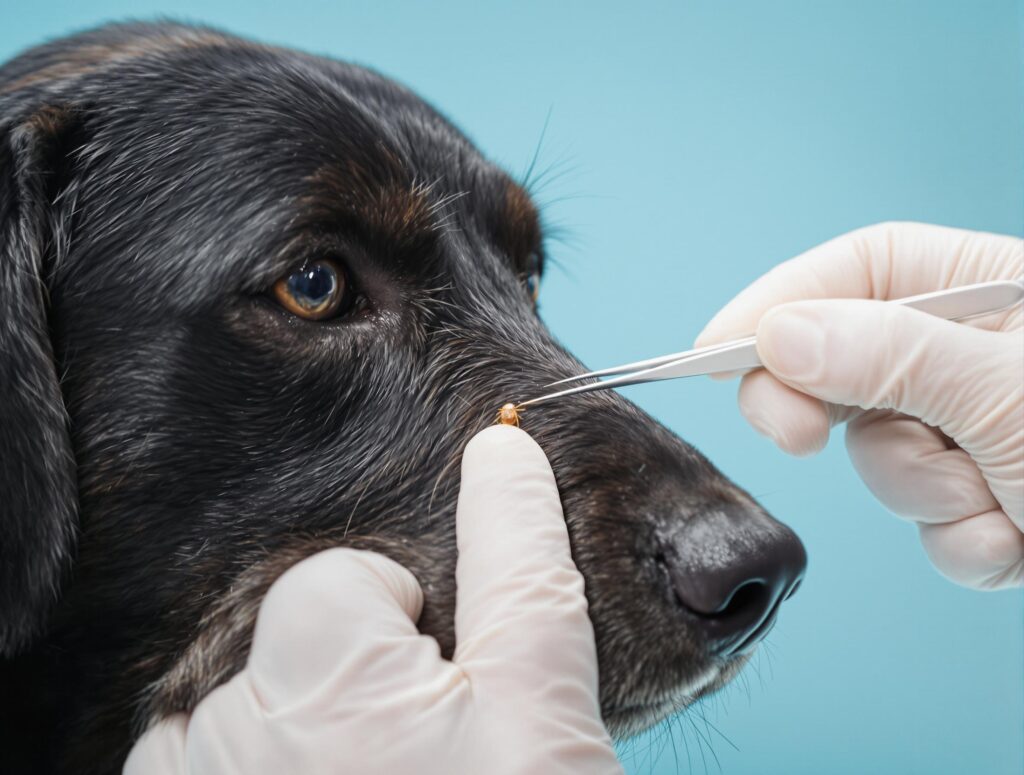 Veterinarian using tweezers to remove tick from calm dark-coated dog, emphasizing medical precision and cleanliness.