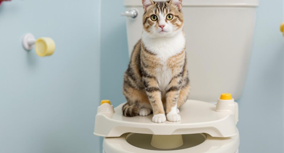A playful cat confidently using a specialized toilet training system in a minimalist bathroom, showcasing effective cat toilet training techniques.