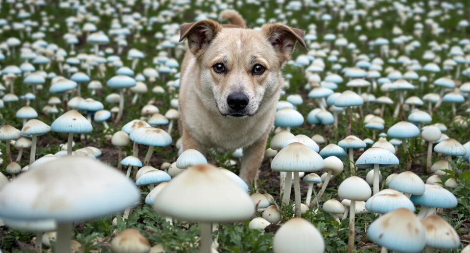 A mixed-breed dog cautiously explores a backyard with potentially toxic white and pale blue mushrooms.