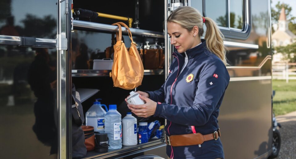 A female rider prepares her horse and gear beside a trailer, focusing on safety and readiness for trail riding.
