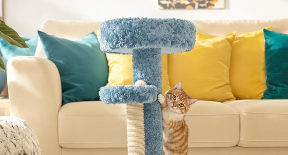 curious orang kitten exploring a scratching post