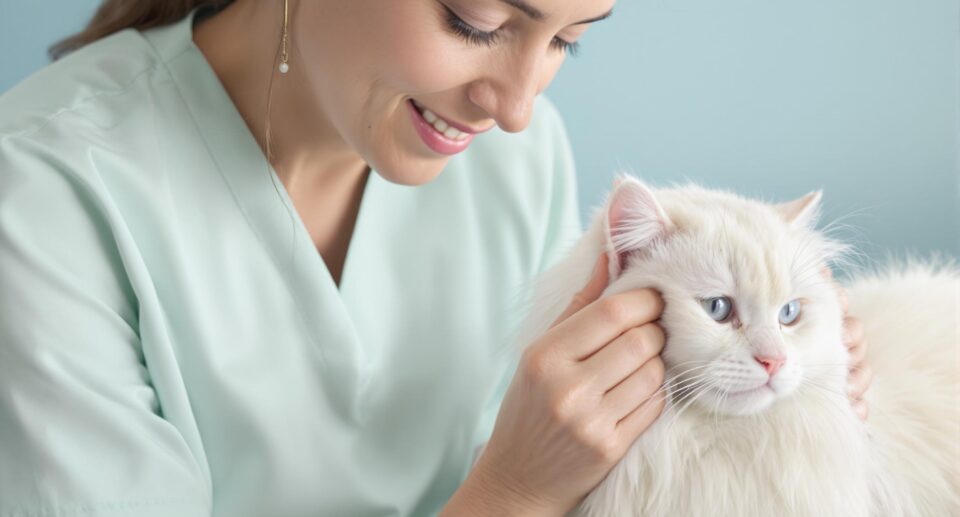 A veterinary professional in mint green scrubs gently cleans a white cat's ear, illustrating how to treat ear mites in cats.