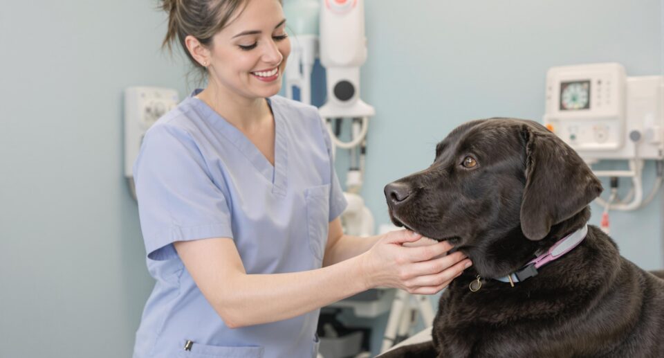 A female veterinarian in blue scrubs examines a black Labrador on an exam table, illustrating how to treat fatty skin tumors in dogs.