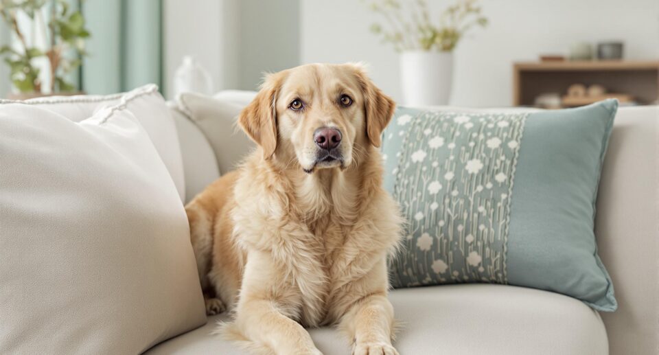 A medium-sized dog with a calm expression sits on a couch, illustrating how to treat glaucoma in dogs.