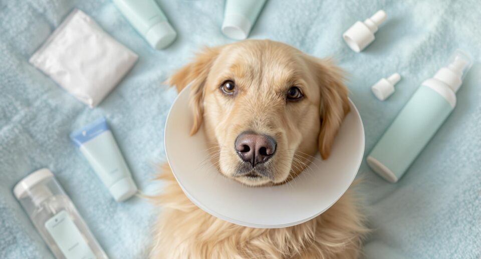 Golden retriever wearing a medical collar on a bed surrounded by veterinary products, suggesting compassionate pet care.