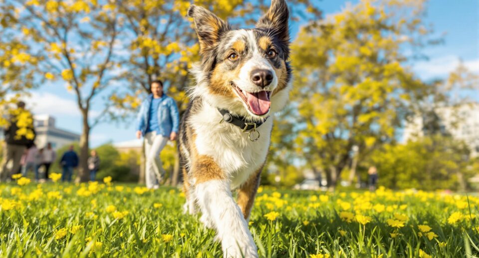 Medium-sized dog running energetically in a sunlit urban park with people in the background. 