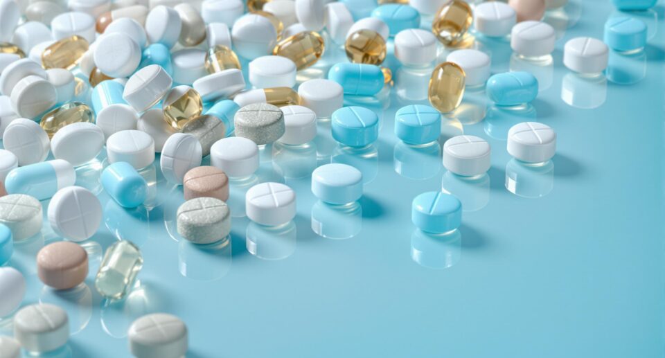 Pet Chewable Tablets on Reflective Glass Surface.