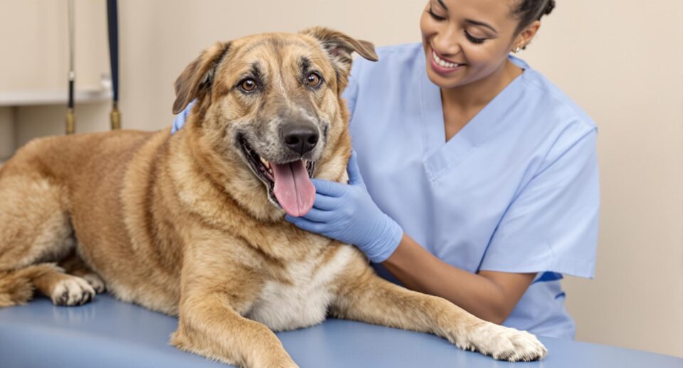 A veterinarian in blue scrubs examines a mixed-breed dog on a blue table, highlighting professional care.