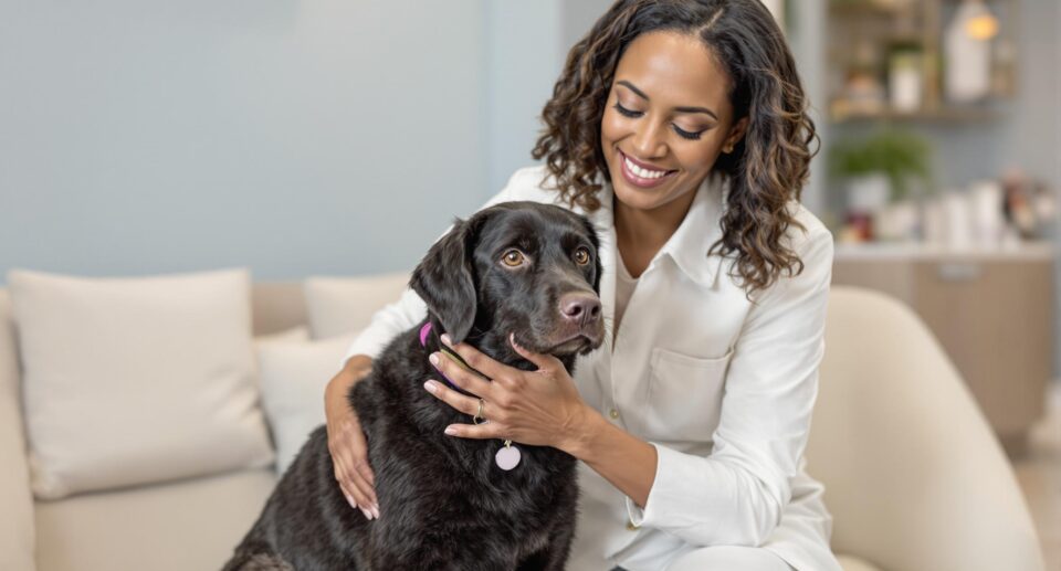 a woman veterinarian holds a black dog on a couch in the waiting room
