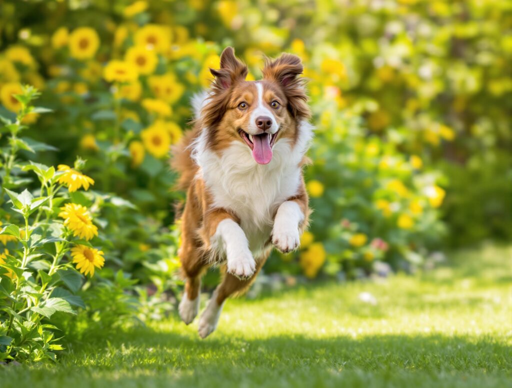 an energetic border collie jumping in the air in a garden