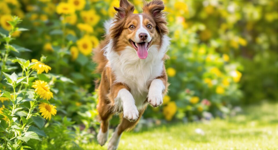 an energetic border collie jumping in the air in a garden
