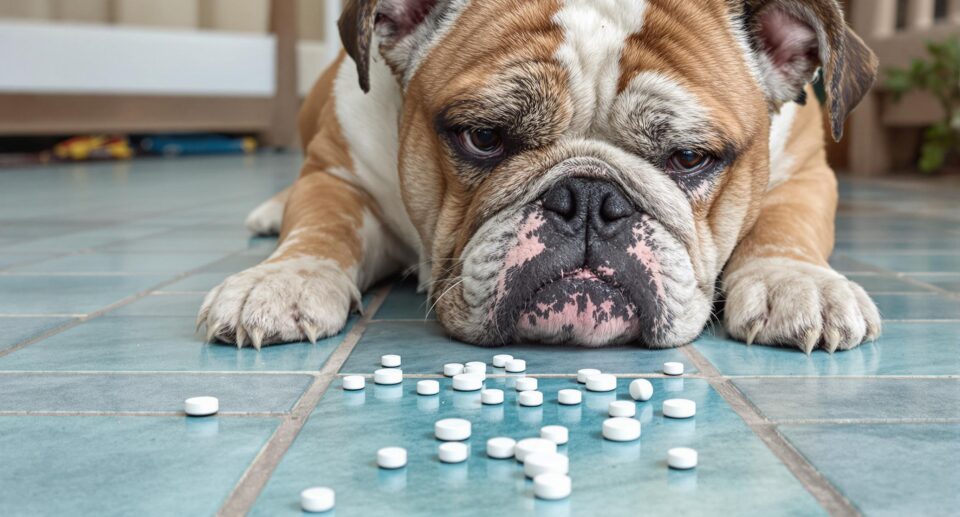 A bulldog looks at scattered white pills on a tile floor