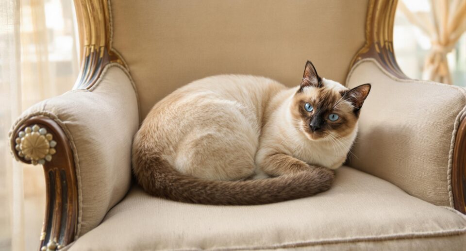 A siamese cat sits on a chair.