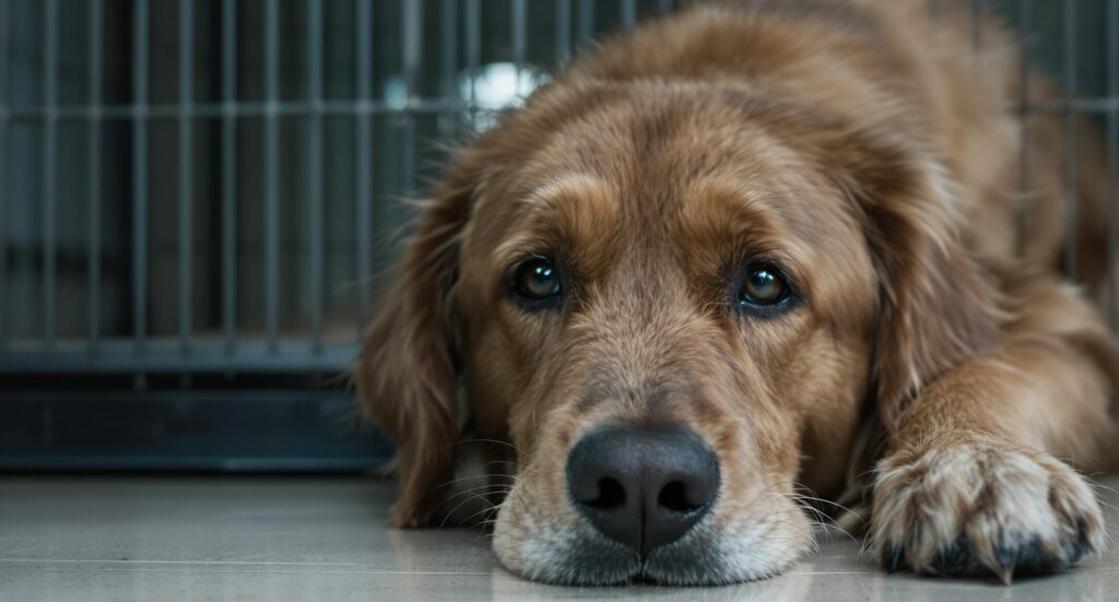 A Golden Retriever rests quietly by their kennel, awaiting adoption with hopeful eyes.
