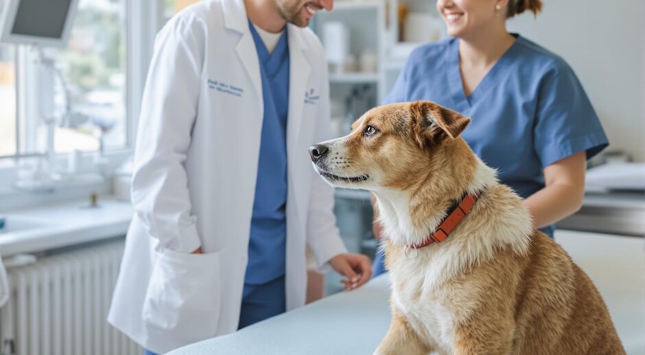 A dog sits on a table at a vet's office with a vet and vet tech talking in the background