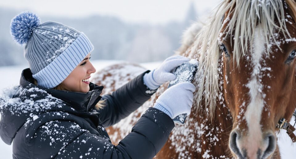 Equestrian grooming a horse in a winter field, showcasing winter skin and coat care for horses.