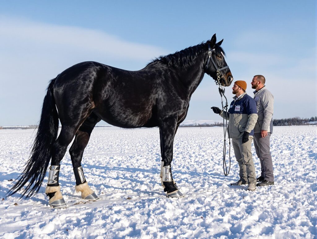 Majestic black horse in snow with one shod hoof, veterinarian and farrier discussing winter hoof care.